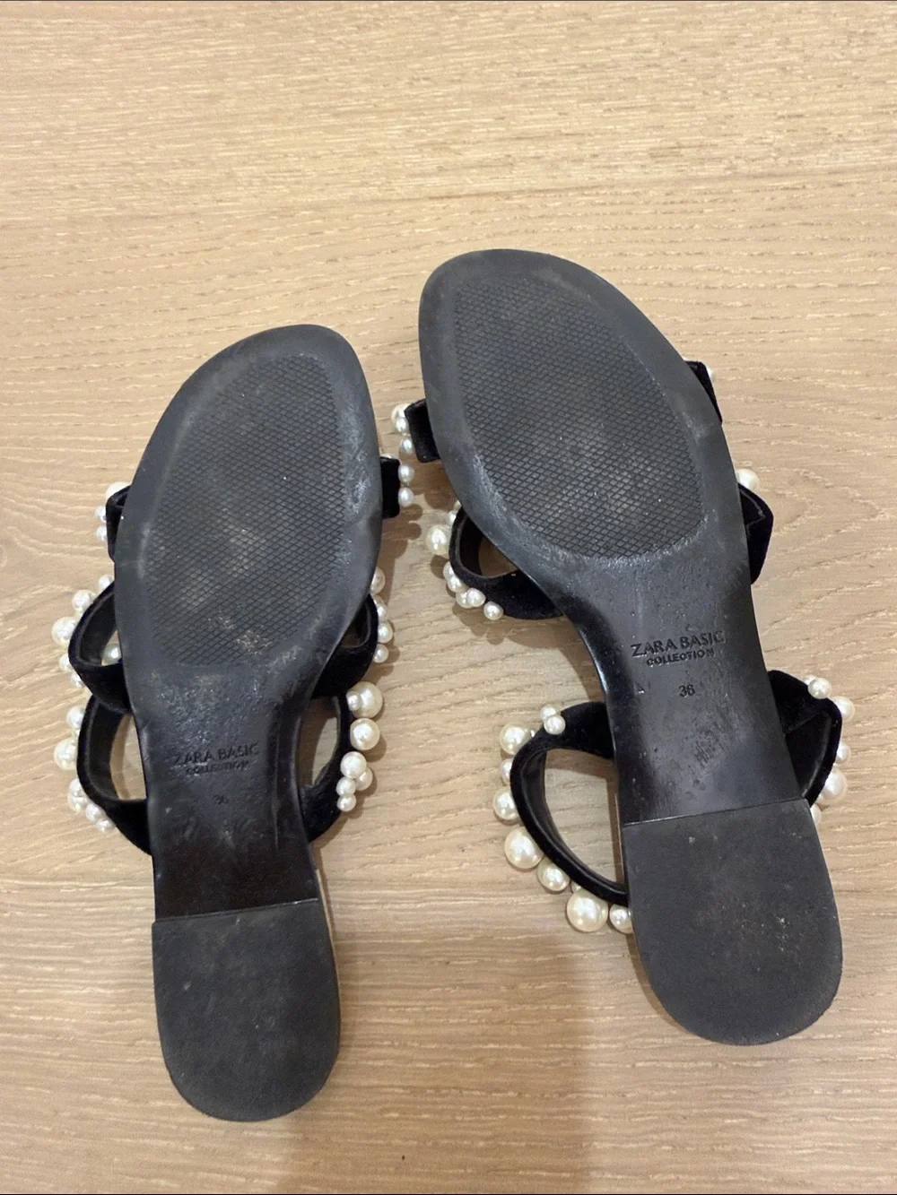 Zara Black Slide Sandals with Pearl Straps - Picture 2 of 2